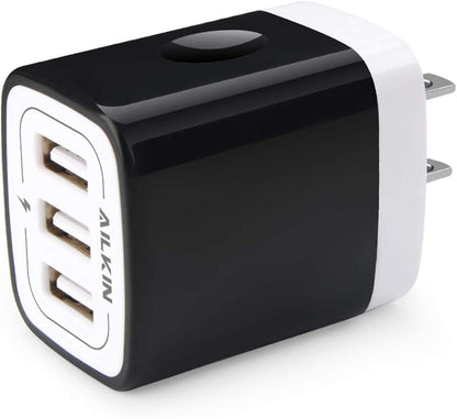 Wall Charger Plug,  USB Plug Wall, 3Multiport Home Charger Station Cube Box Charger Outlet Base Brick Block Replacement for Iphone, Ipad, and Iwatch Charger Plug (Black)
